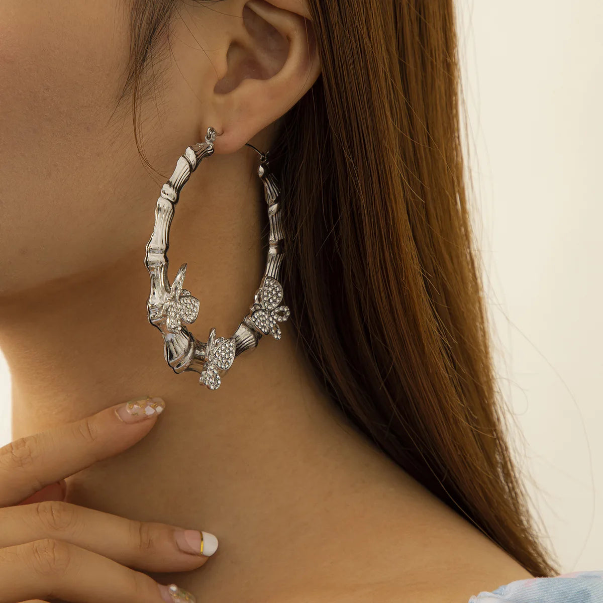 Luxury Design Gold Plated Full of Rhinestone Butterfly Large Size Circle Bamboo Hoop Earrings