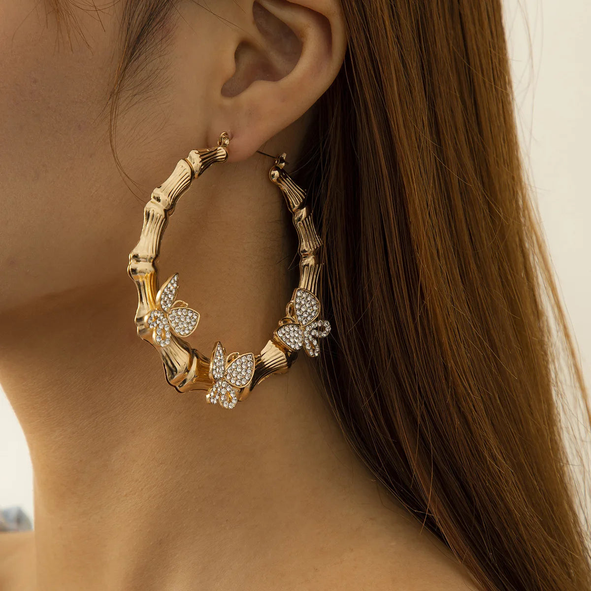 Luxury Design Gold Plated Full of Rhinestone Butterfly Large Size Circle Bamboo Hoop Earrings